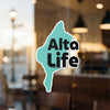 Aqua abstract shape sticker with black text "Alta Life," including copyright.