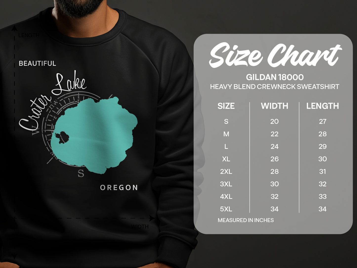 Gildan 18000 sweatshirt size chart with Crater Lake graphic.