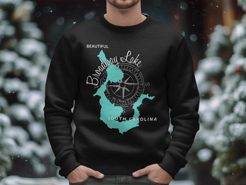 Black sweatshirt with Broadway Lake, South Carolina map and compass design.