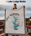 Woven blanket with Lake Norman map and compass design, reading "Lake Norman North Carolina".