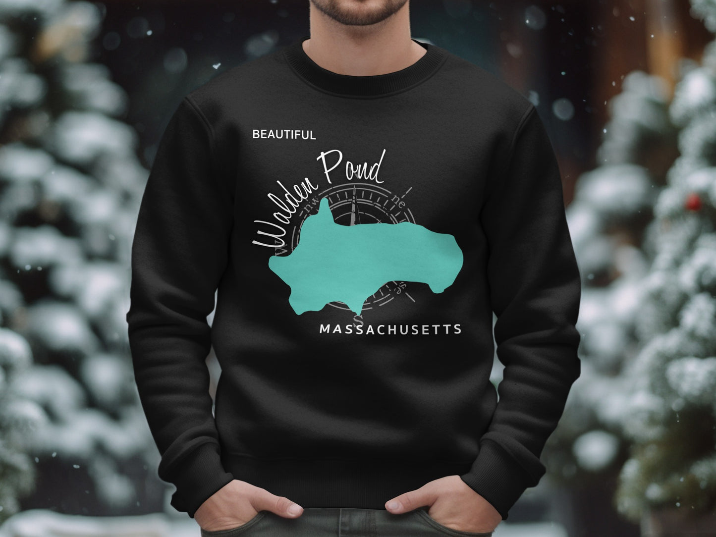 Black sweatshirt featuring a teal map of Walden Pond, Massachusetts.