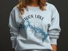 Sweatshirt with blue map of Skiatook Lake, Oklahoma and compass rose graphic.