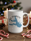 White mug with Lake Tawakoni Texas map graphic and compass rose design.
