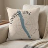 Decorative pillow featuring the shape of Owasco Lake, New York, with a compass rose.