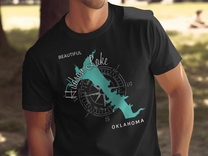 Black t-shirt with teal Hudson Lake Oklahoma outline and compass graphic.