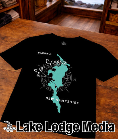 Black t-shirt with turquoise Lake Sunapee map and "Lake Lodge Media" logo.