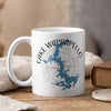 White mug with blue Lake Wappapello, Missouri map and compass design.