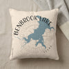 Benbrook Lake Texas map design on a cream throw pillow with a compass rose.
