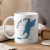 White mug with blue Snow Lake Washington map and compass design.