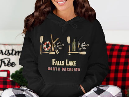 Black hoodie with "Falls Lake North Carolina" and nautical graphics.