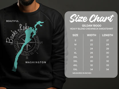 Sweatshirt with Banks Lake map graphic and Gildan size chart.