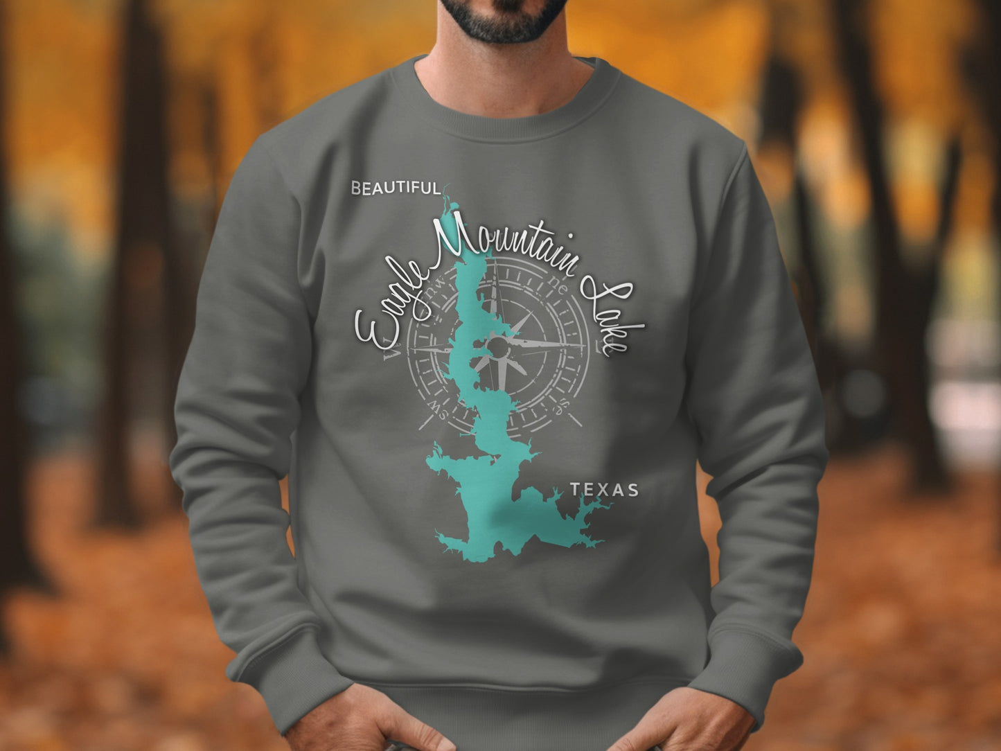 Grey sweatshirt with "Eagle Mountain Lake, Texas" and compass rose design.