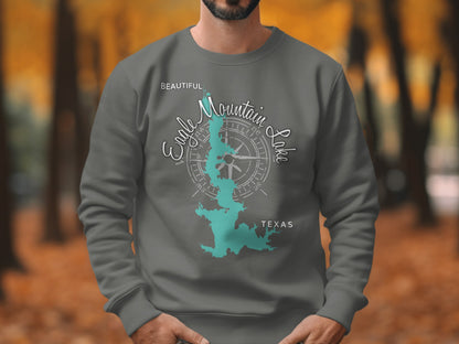 Grey sweatshirt with "Eagle Mountain Lake, Texas" and compass rose design.