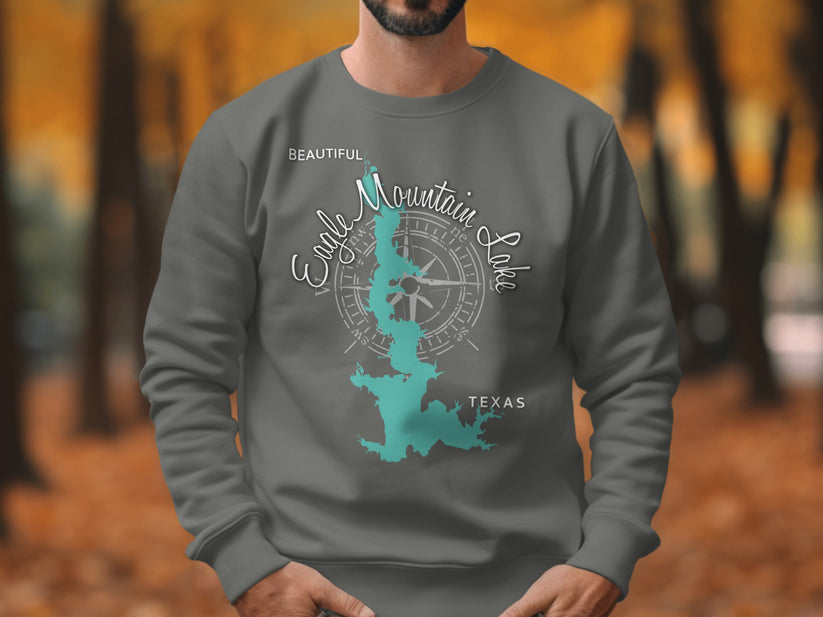 Grey sweatshirt with "Eagle Mountain Lake, Texas" and compass rose design.