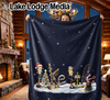 Dark blue blanket with snowflakes and holiday fishing scene featuring a bear.