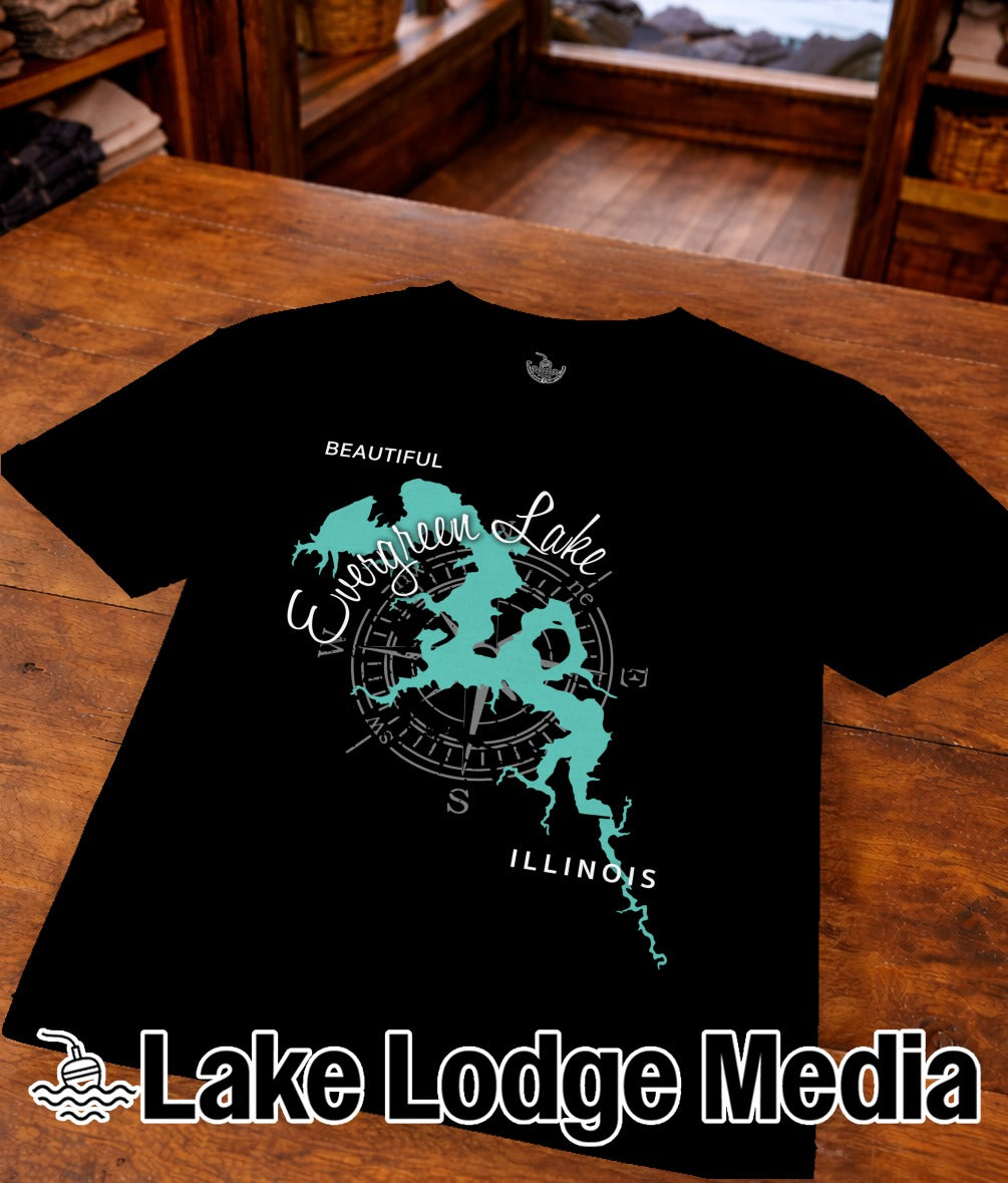 Black t-shirt with turquoise compass design and "Beautiful Evergreen Lake Illinois" text.