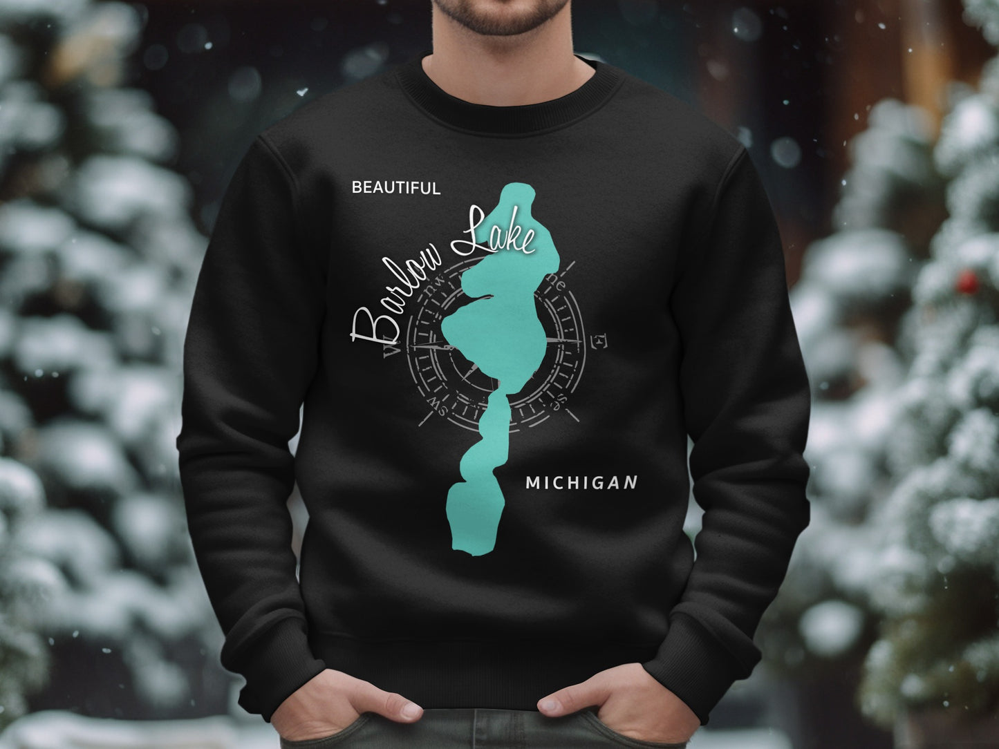 Black sweatshirt with "Beautiful Barlow Lake" and map graphic.