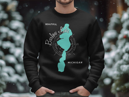 Black sweatshirt with "Beautiful Barlow Lake" and map graphic.