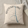 Cream pillow with Kootenay Lake map and compass design, Canada text.