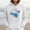 White hoodie with "Brooks and He's Lake Michigan" and blue map graphic.