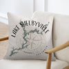 Pillow with Lake Shelbyville map and compass design, Illinois text.