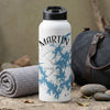 White water bottle with "MARTIN" and blue lake outline over compass design.
