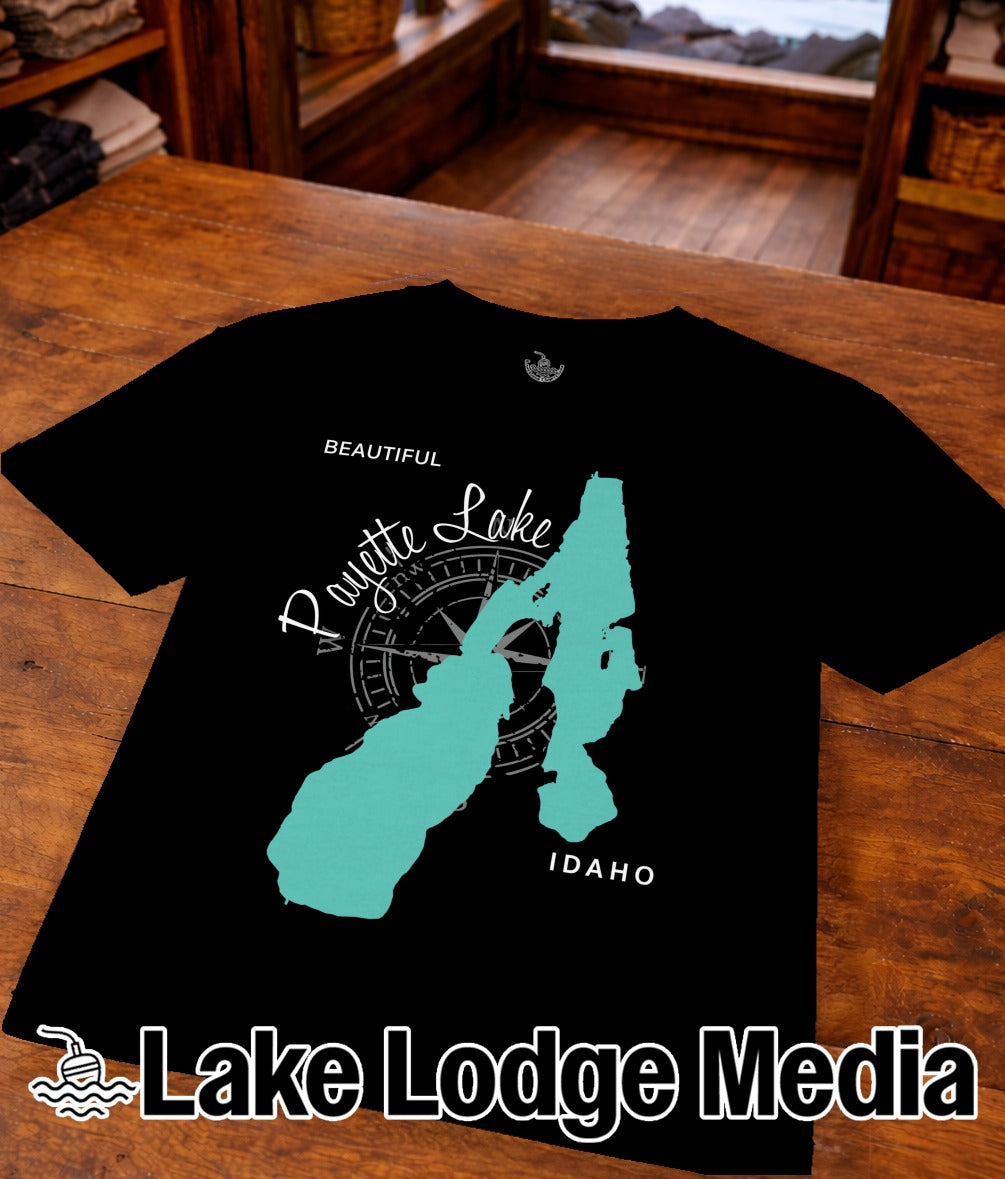 Black t-shirt with turquoise Payette Lake, Idaho map and compass graphic.