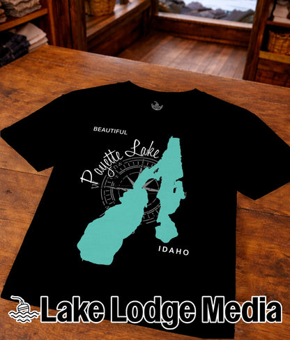 Black t-shirt with turquoise Payette Lake, Idaho map and compass graphic.