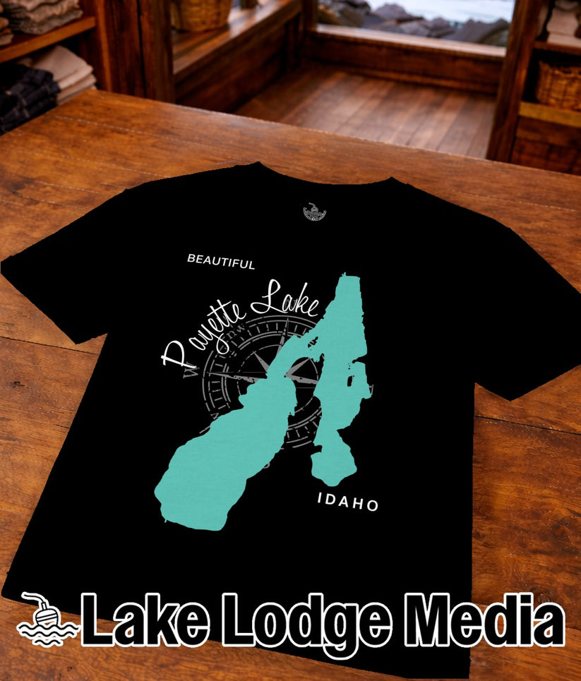 Black t-shirt with turquoise Payette Lake, Idaho map and compass graphic.
