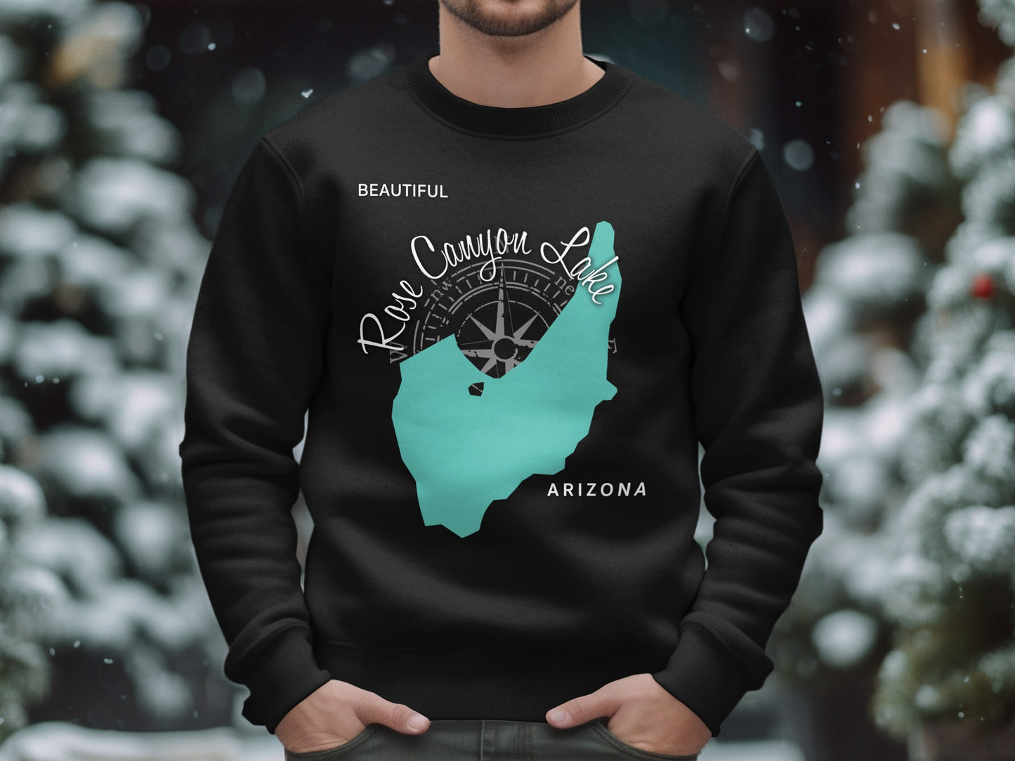 Black sweatshirt with Rose Canyon Lake Arizona map graphic and compass rose.