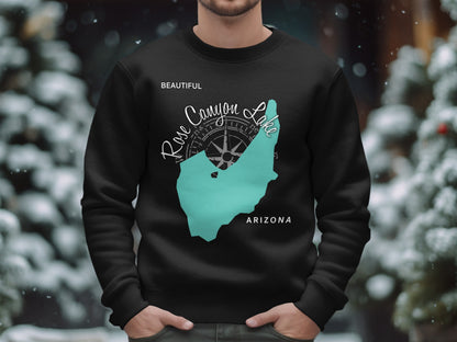 Black sweatshirt with Rose Canyon Lake Arizona map graphic and compass rose.