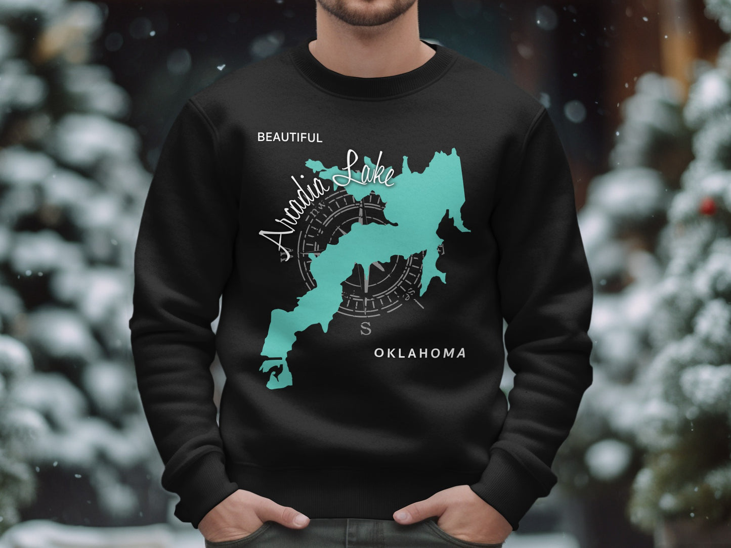 Black sweatshirt featuring a teal map of Arcadia Lake, Oklahoma with compass rose.