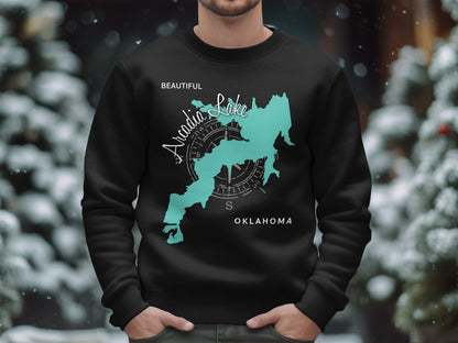 Black sweatshirt featuring a teal map of Arcadia Lake, Oklahoma with compass rose.