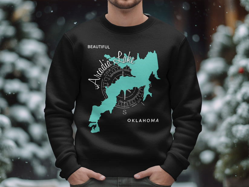 Black sweatshirt featuring a teal map of Arcadia Lake, Oklahoma with compass rose.