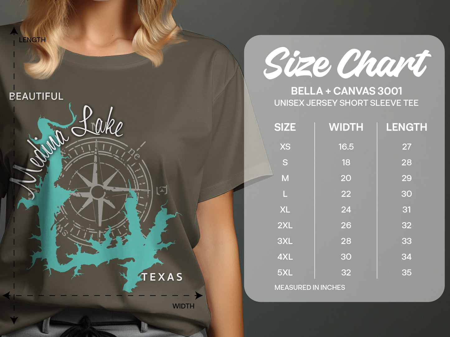 T-shirt size chart with measurements for Bella + Canvas 3001 unisex tees.