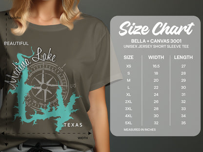 T-shirt size chart with measurements for Bella + Canvas 3001 unisex tees.