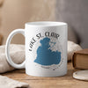 White mug with Lake St. Clair Michigan map graphic and steam rising.