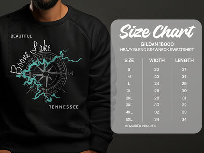 Crewneck sweatshirt with Boone Lake map graphic and size chart.
