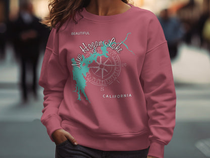 Pink sweatshirt featuring a turquoise outline map of Hogan Lake, California.