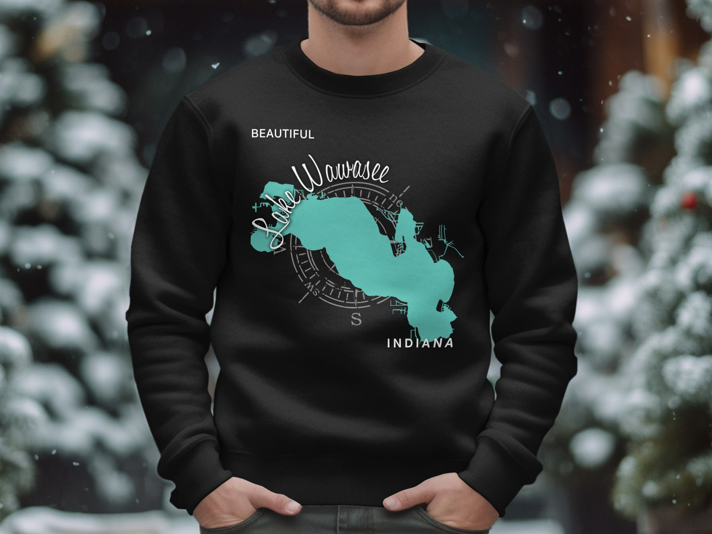 Black crewneck sweatshirt with Lake Wawasee Indiana map graphic.