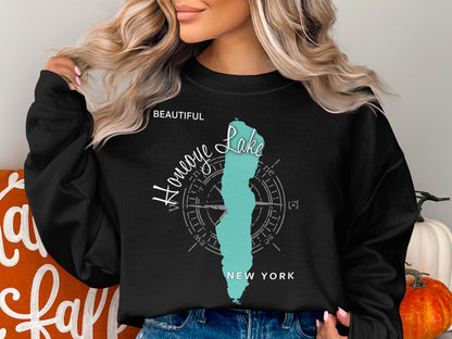 Black sweatshirt with teal "Honeoye Lake" map graphic and compass rose.