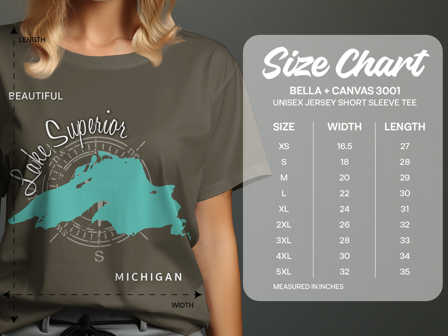 Bella + Canvas 3001 unisex t-shirt size chart with Lake Superior graphic.