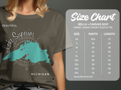 Bella + Canvas 3001 unisex t-shirt size chart with Lake Superior graphic.