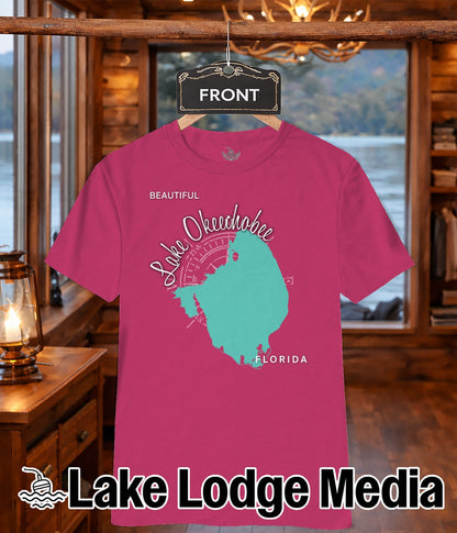 Pink t-shirt with turquoise Lake Okeechobee map and "Lake Lodge Media" text.