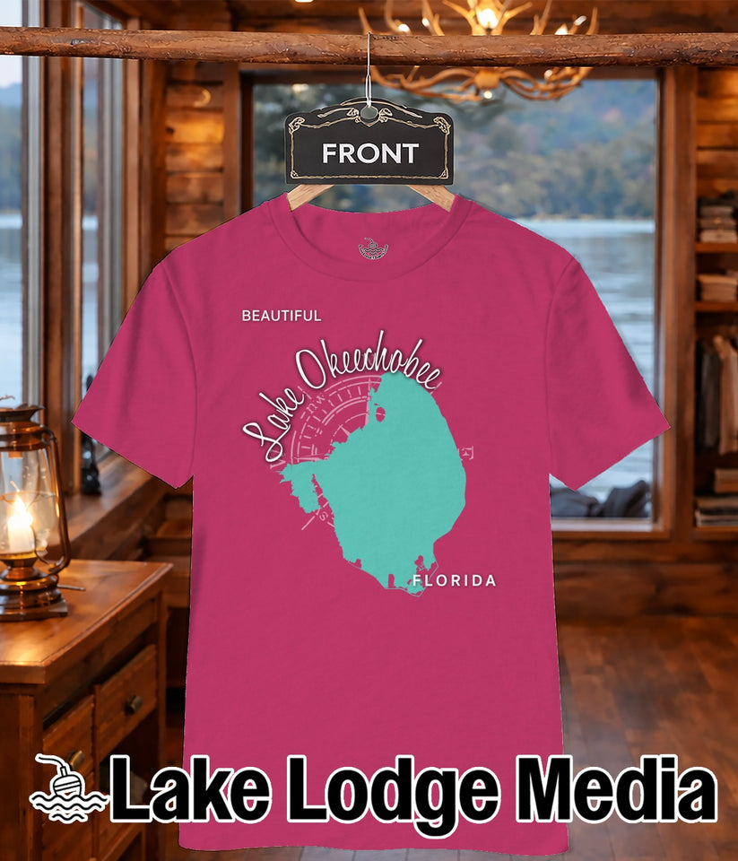 Pink t-shirt with turquoise Lake Okeechobee map and "Lake Lodge Media" text.