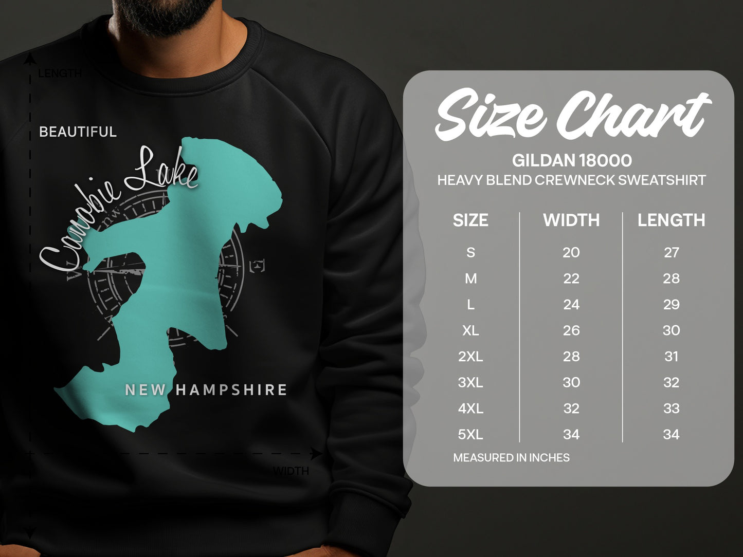 Size chart for Gildan 18000 heavy blend crewneck sweatshirt.