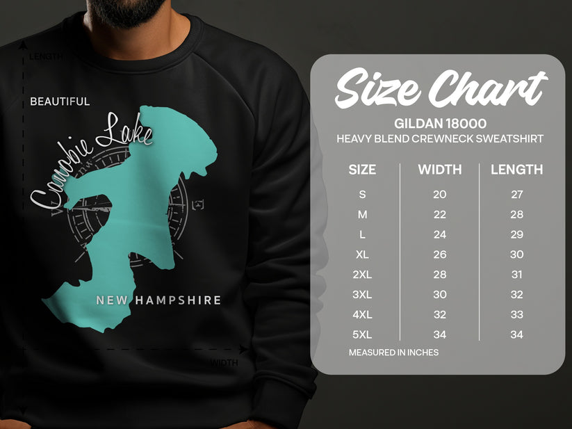 Size chart for Gildan 18000 heavy blend crewneck sweatshirt.