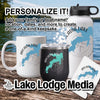 Mug, tumbler, and water bottle featuring customizable Arcadia Lake designs.