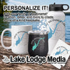 White mug, black tumbler, and white water bottle with Great Sacandaga Lake design.