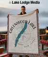 Greenwood Lake woven throw blanket with compass rose and state outlines.